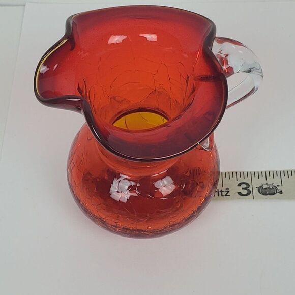 Amberina Red Orange Hand Blown Crackled Art Glass Mini Cruet Pitcher Jug Vintage - Picture 10 of 12
